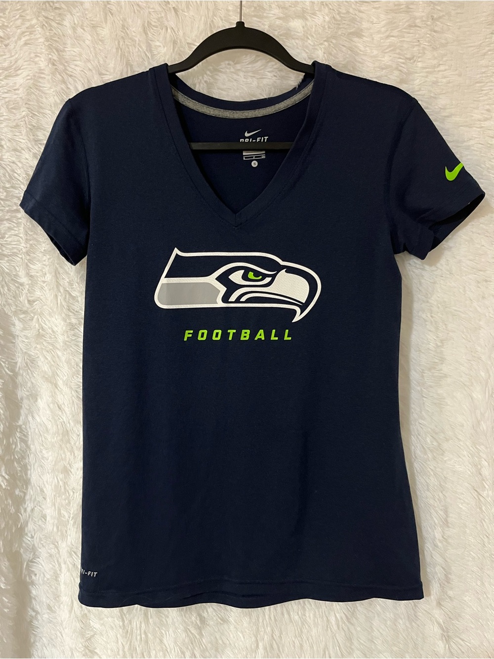 Nike Navy Seattle Seahawks V-Neck Tee with Neon Green Accents-NWOT